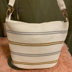 Magid Paper Straw Small Striped Beach Tote - White/Gold/Blue